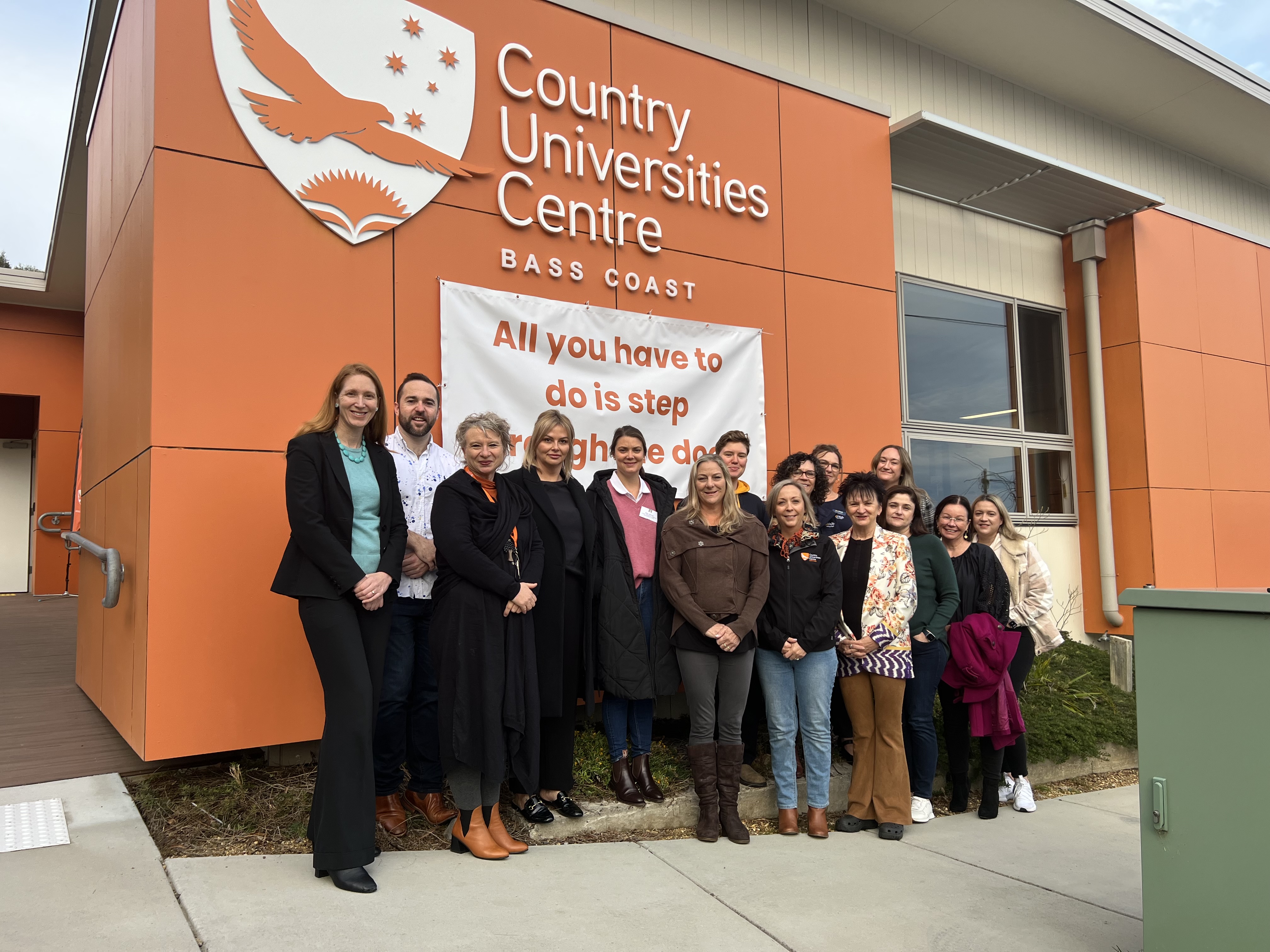 Country University Centre in Bass Coast, featuring from Left to Right and Back to Front Row: Kristie Van Omme, Chris Ronan, Andrea Evans McCall, Dan Keenan, Elise Woods, Amanda Davies, Katie Szabo, Jenni James, Cate Wuttke, Kim Gregory, Amma Buckley, Maryanne Tranter, Ashlee Jones, Peta MacRae and Emma Takai.